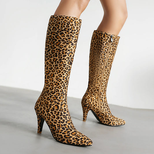 Plus Size Leoparden muster gefrostete Herde Damen kniehohe Stiefel spitz ultra hoch dünne Ferse Plüsch Innenseite Reiß verschluss lange Stiefel