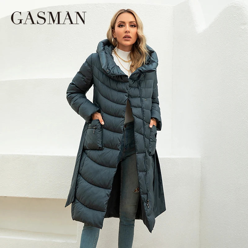 Gasman Mode Parkas Frauen lässig Kapuze Taschen gürtel Frauen Daunen jacke weibliche Mäntel Outwear