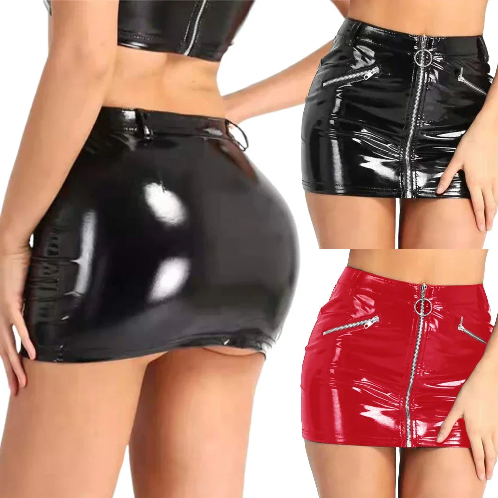 Frauen Kunstleder Mini Party tragen Röcke gefälschte Reiß verschluss taschen Bodycon Minirock Pole Dance Latex kurze Röcke Wetlook Clubwear