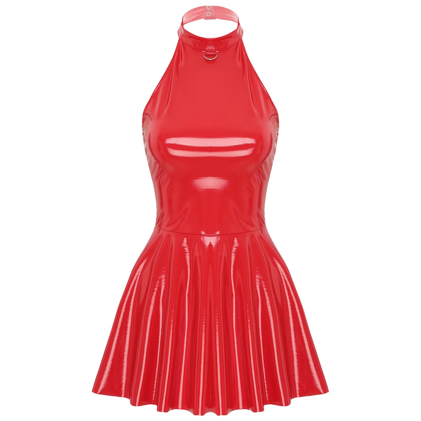 Damen Wet Look Lack leder Halfter rücken frei Skater Mini A-Linie Kleid Vinyl Latex glänzend Cocktail Party Club Kleider Clubwear