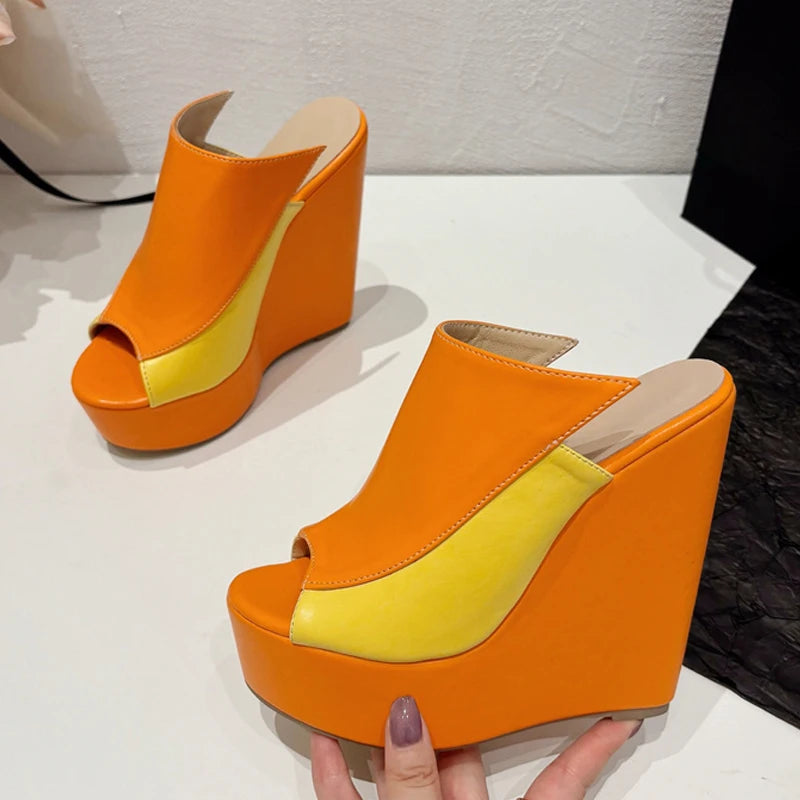 Liyke 2024 neue orange Leder Frauen Plattform Keile Hausschuhe sexy Peep Toe Super High Heels Sandalen Sommer Party Kleid Schuhe