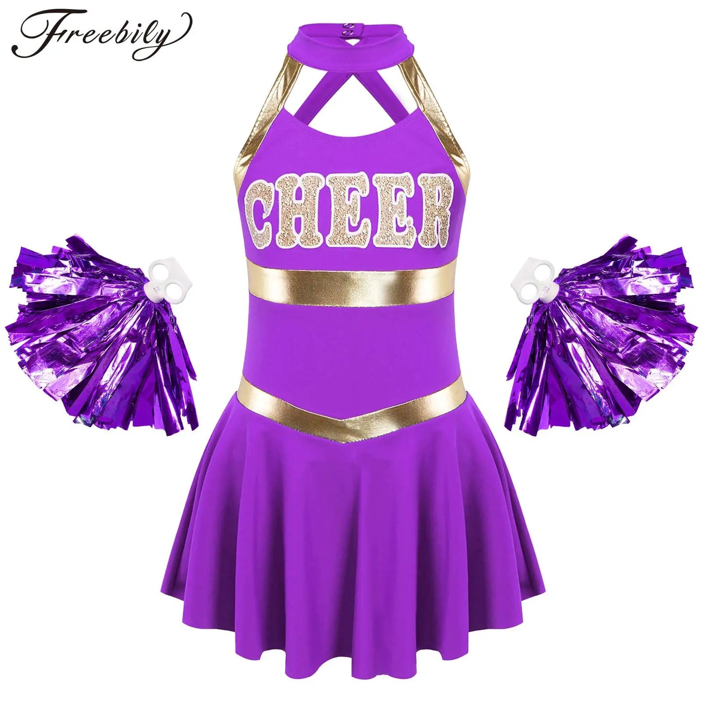 Kids Girls Cheering Team Costumes Sleeveless Letters Printed Cheerleading Uniform Sports Dance Dress +1 Pair Tassel Flower Balls