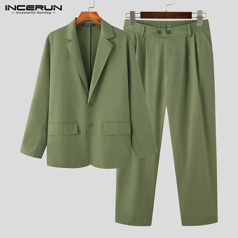 INCERUN 2024 Men Sets Solid Color Streetwear Laple Long Sleeve Button Blazer & Pants 2PCS Korean Fashion Men Casual Suits S-5XL