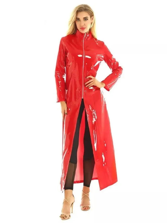 Long Sleeve Wet Look PVC Long Cape Coat Shiny PU Leather High Split Windbreaker Cloak Tight Cosplay Stage Costume Sexy Outerwear