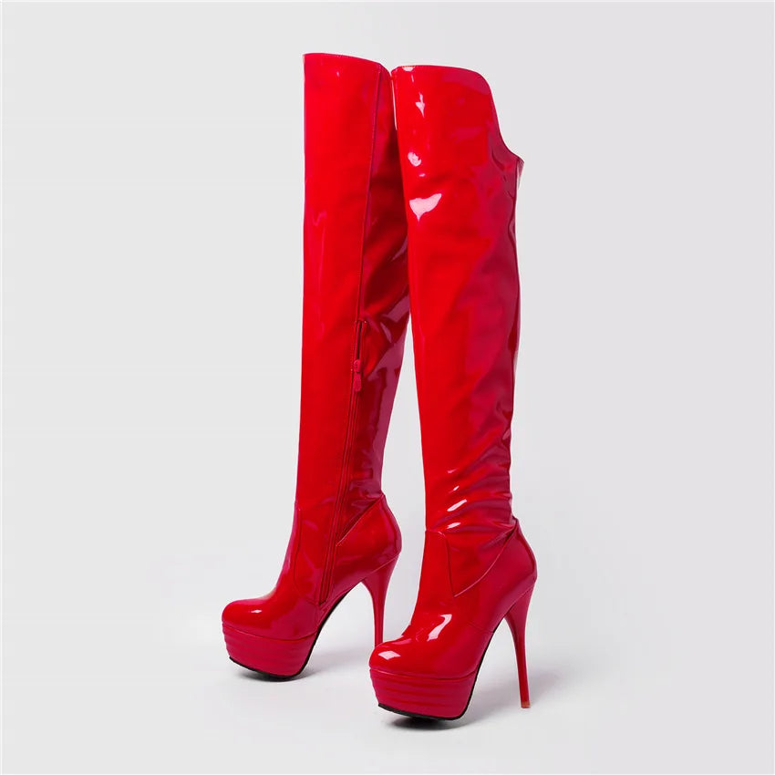 Sexy Frauen Oberschenkel hohe Plattform Stiefel schwarz rot Lack leder dünne Absätze runde Zehen Party Club Fetisch Dame Reiß verschluss über Knie Stiefel