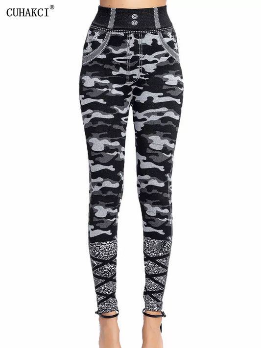 CUHAKCI Camouflage Printed Leggings Women Seamless Denim Sports High Waist Tights Workout Fitness Elastic Pants Stretch Jeggings