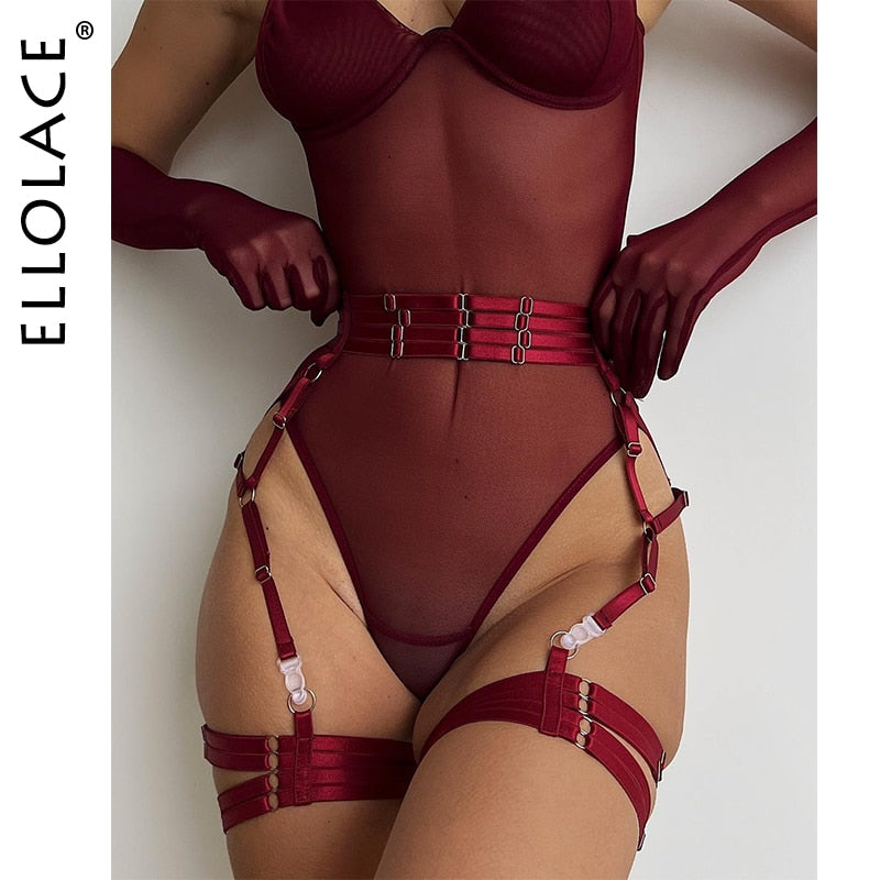 Ellolace Tight Fitting Lace Bodysuit Sexy See Through Body With Gloves Garter Night Club Outfit Sissy Crotchless Mesh Top