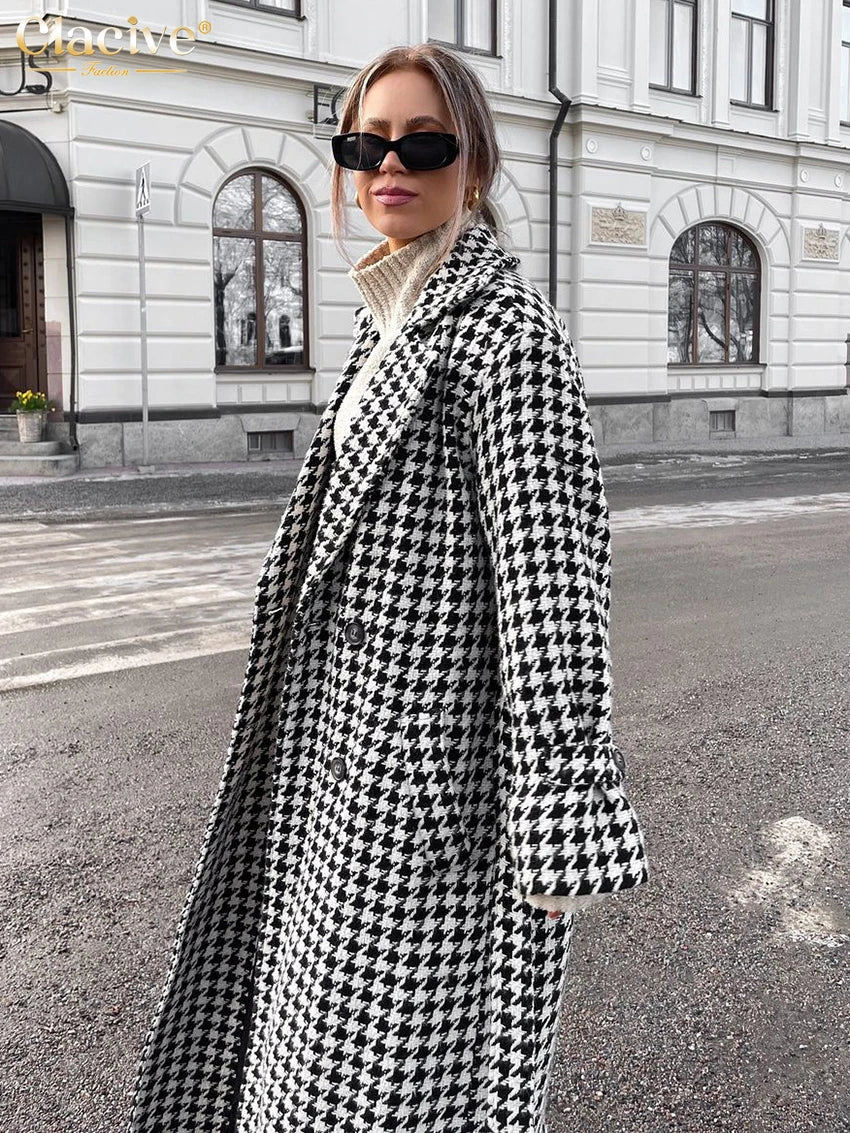 Clacive Winter lose Hahnen tritt Frauen Mantel elegante Revers Langarm Büro jacke Trench Mode klassische warme Mantel weiblich