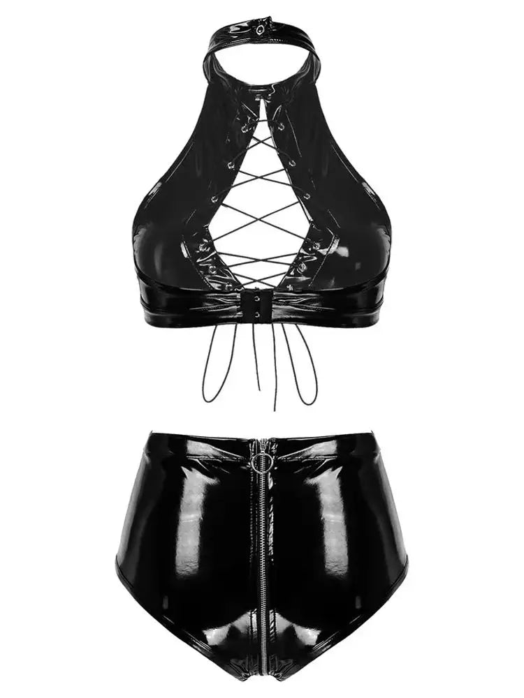 S-4XL 2PCS/SET Shiny Faux PU Leather Outfit Wet Look PVC Sexy Clubwear Bandage Bustier Top Crop Tops Zipper Open Crotch Shorts