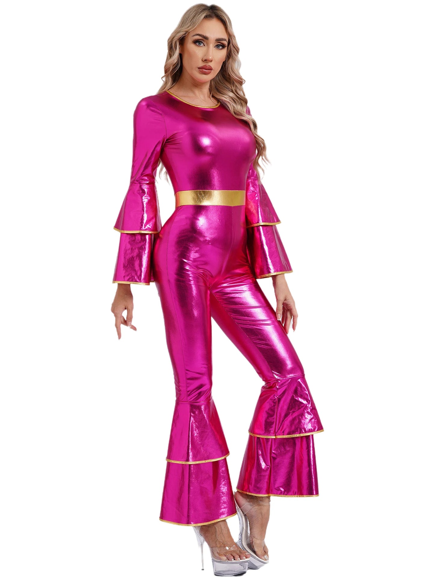 Damen Disco Kostüme sexy glänzend metallisch Retro Tanz Overall 70er 80er Jahre Hippie-Thema Party Halloween Cosplay Kostüm