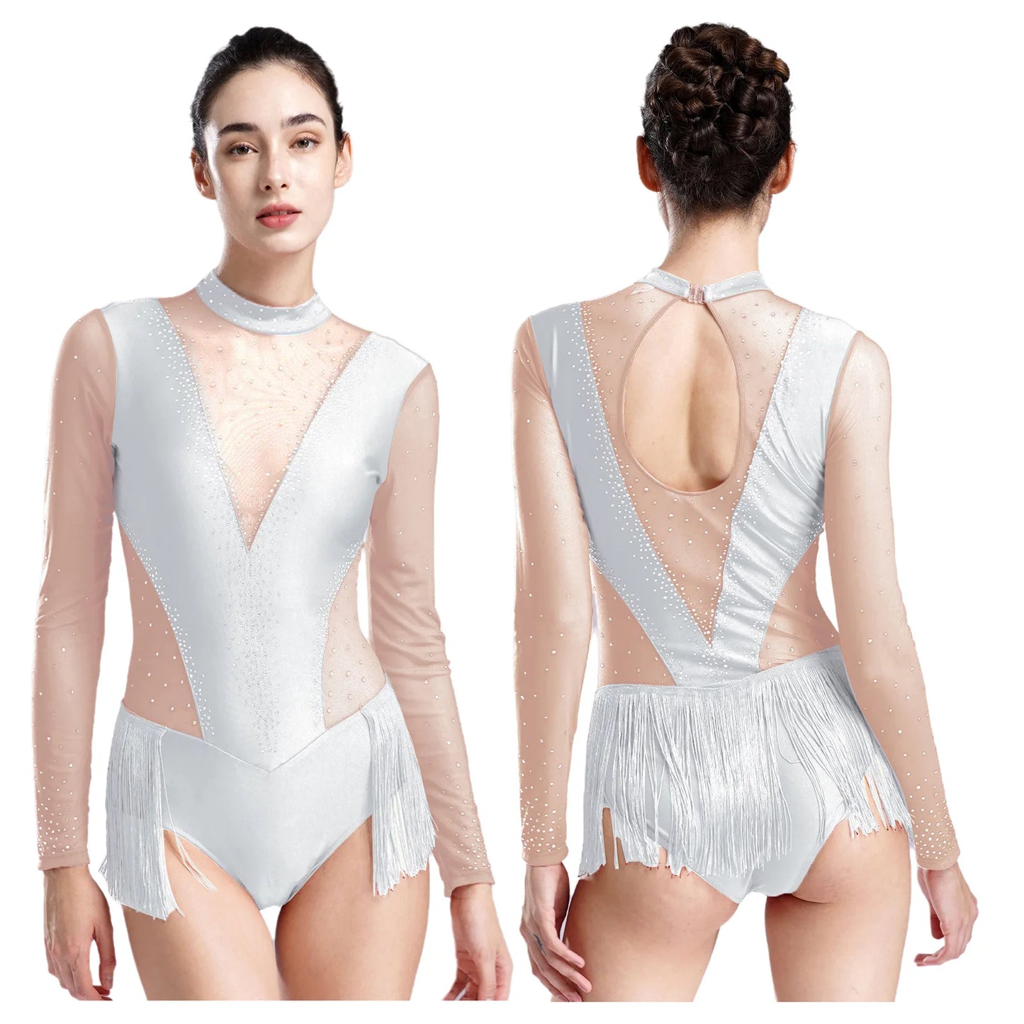 Damen glänzende Strass Figur Eislaufen Wettbewerb Kostüm Ballett Tanz Gymnastik Trikot Quaste Bodysuit Dance wear