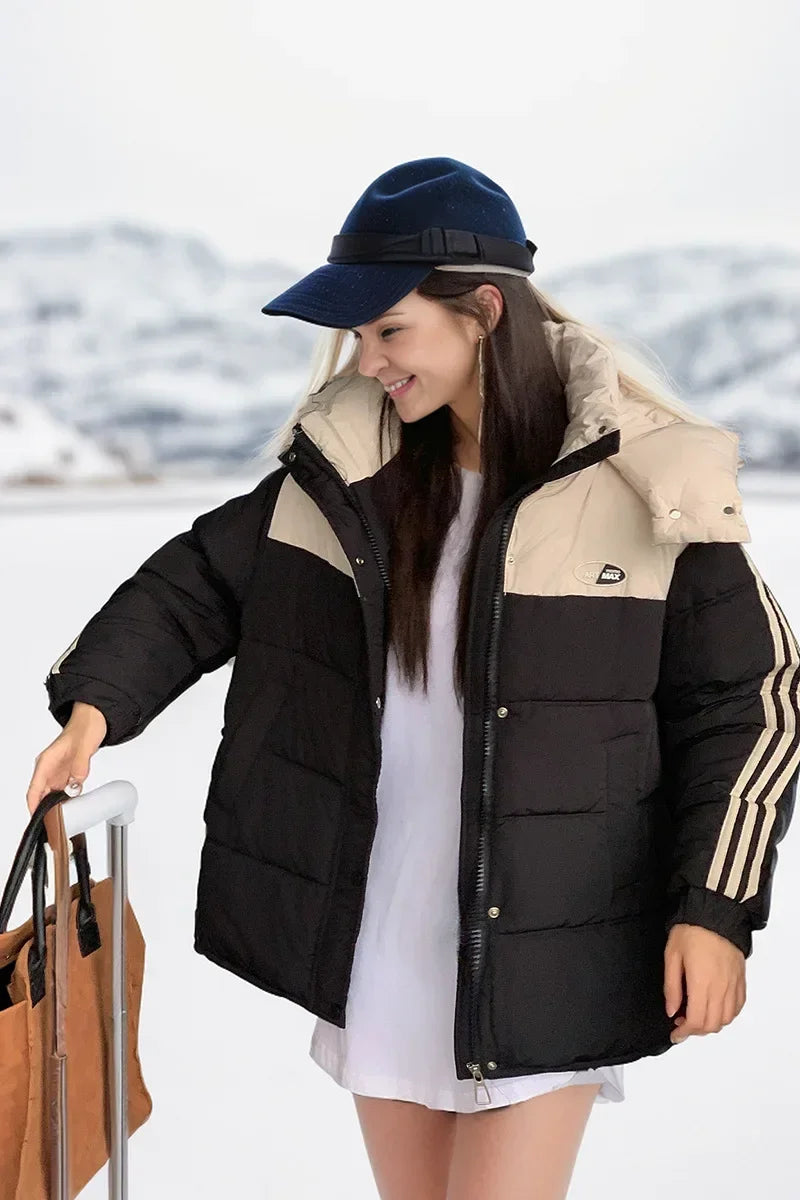 2024 neue Winter Damen jacke Kontrast lässig Kapuze Daunen Baumwoll jacke weiblich verdicken warme lose Puffer gepolsterte Parkas Mäntel