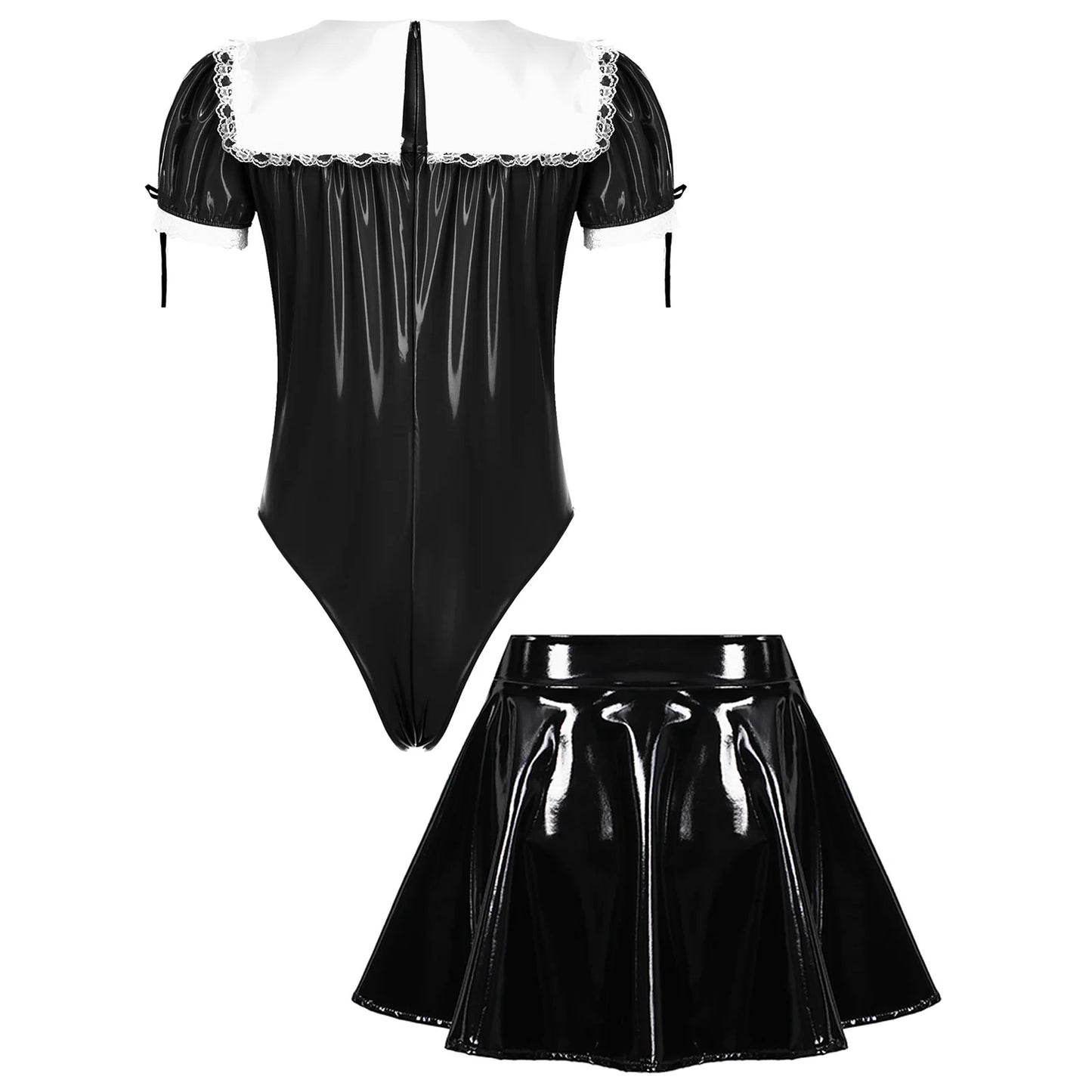 Mens Sissy Crossdresser Maid Cosplay Costume Set Patent Leather Puff Sleeve Lace Trim Zipper Bodysuit with A-Line Flared Skirt