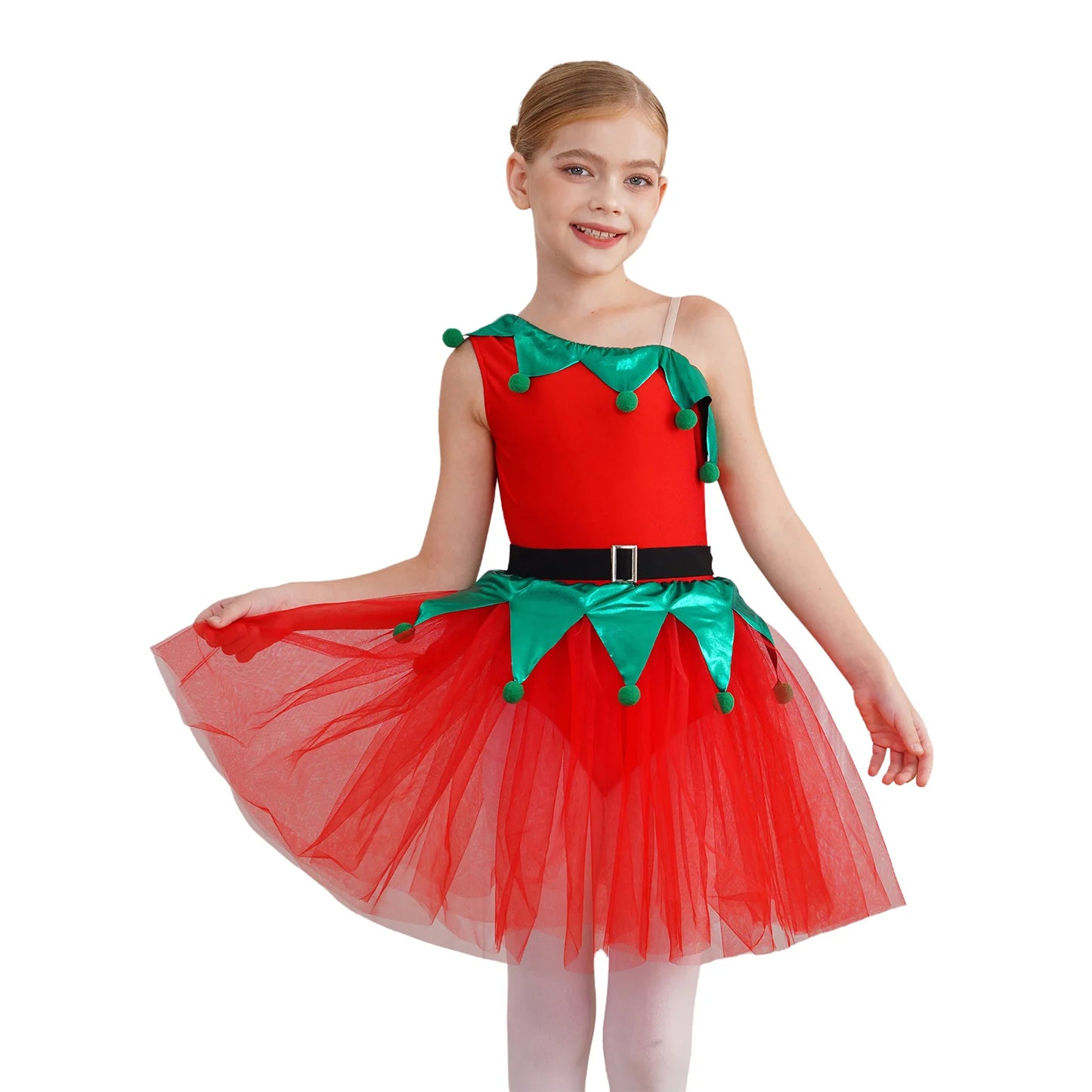 Kinder Mädchen eine Schulter Weihnachten Tanz Tutu Kleid Trikot Weihnachten Urlaub Party Santas Helfer Festivals Performance Kostüm