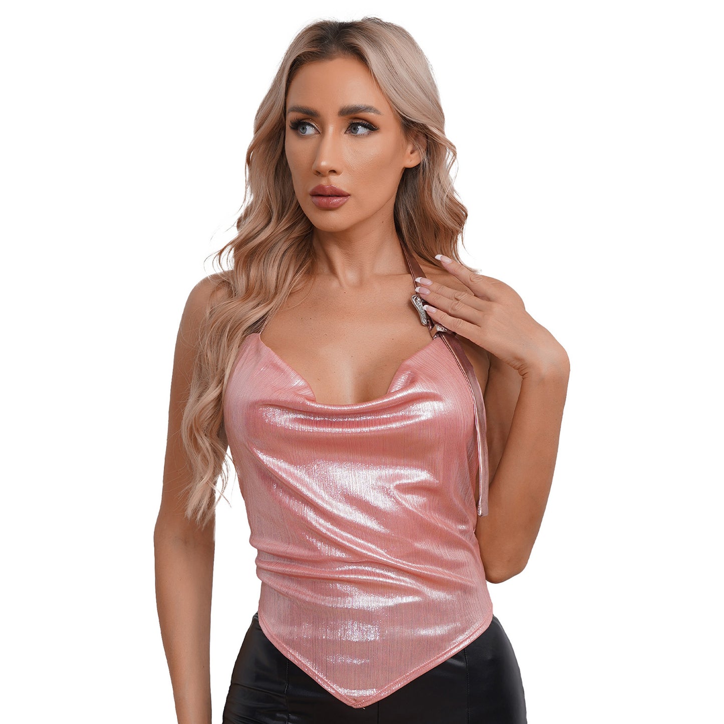 Damen exotische Tanks Clubwear Metallic glänzende Crop Top Weste solide Bodycon Neck holder ärmellose rücken freie Slim Fit T-Shirt Unterhemd Tops