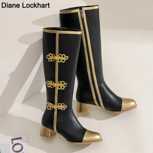 Große Größe Mode Kniehohe Stiefel Frauen Coss Spielen Schuhe Herbst Winter frauen Hohe Stiefel Schwarz Weiß Gold Chinesischen knoten Schuhe