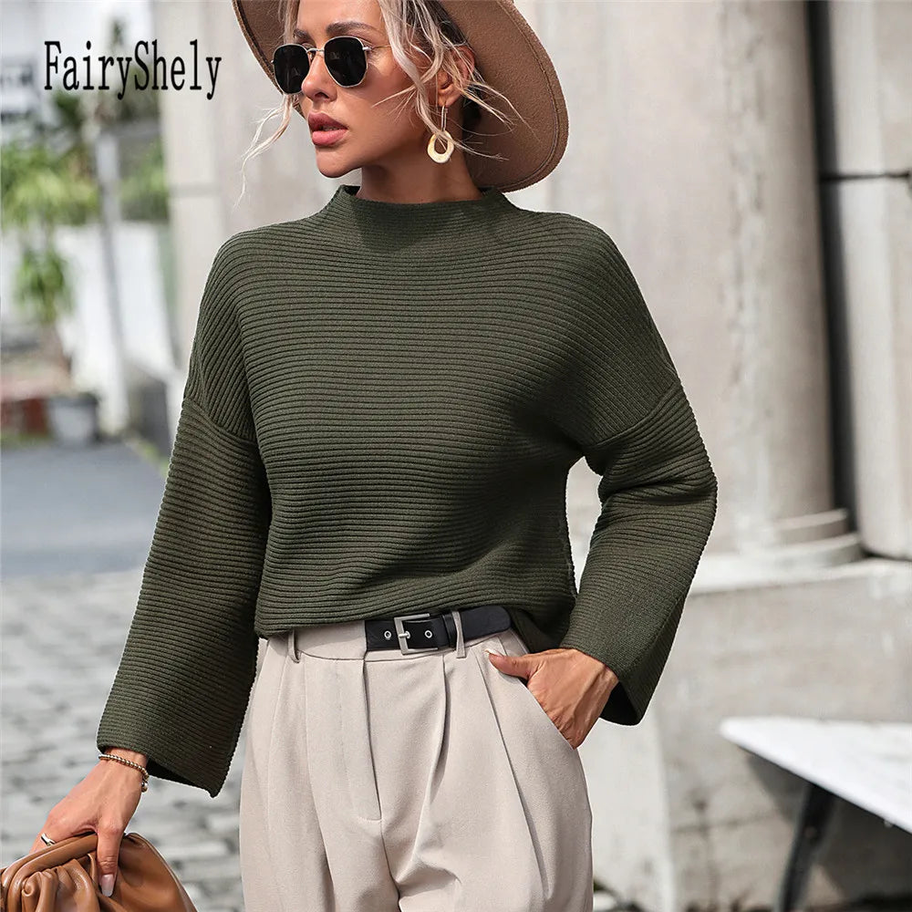 Fairyshely 2025 Winter Casual Grün Gestrickte Pullover Frauen Oansatz Langarm Pullover Dame Herbst Trend Solide Lose Warme Jumper