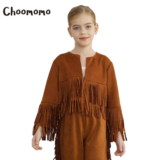 Western Rodeo Cowboy Cowgirl Costume Boys Girls Long Sleeve Open Front Tassels Fringe Coat Jacket for Halloween Cosplay Party