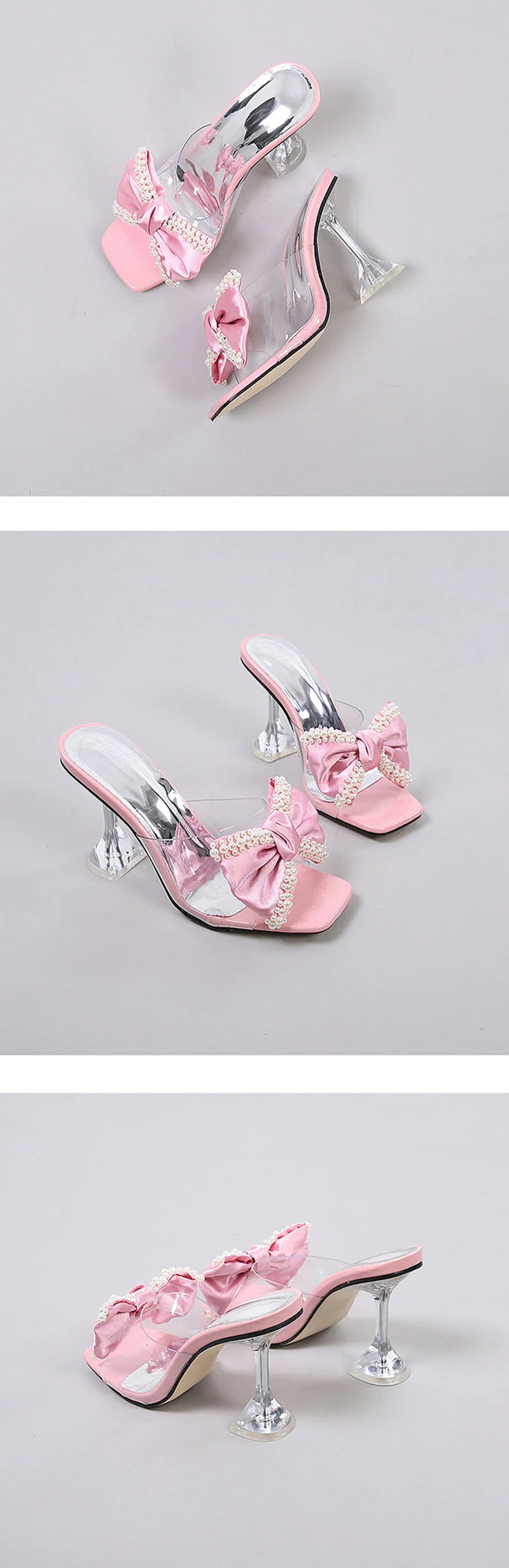 Liyke 2024 neuen Stil rosa Frauen Hausschuhe Sandalen Mode Perle Bowknot High Heels PVC transparente Schuhe Sommer Maultier Slides Pumps