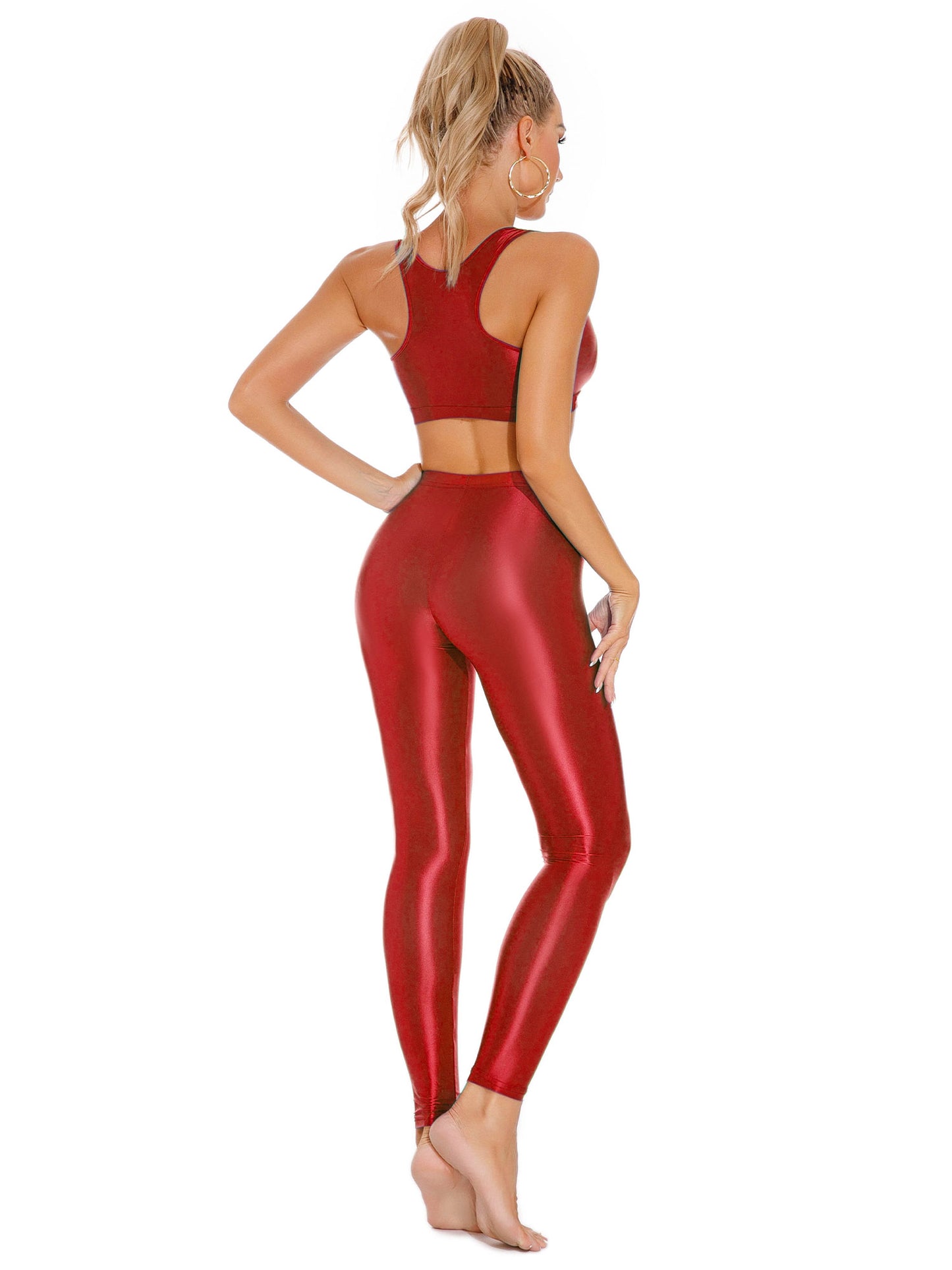 Damen glänzendes Öl ärmelloses U-Ausschnitt Racer back Crop Top mit Leggings für Tanz Yoga Sport Gym Fitness Übung Active wear