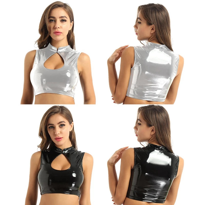 Women's Patent Leather Crop Tops, Cutout Sleeveless Vest, Wet Look Mock Neck T-Shirt, Bikini Vest, 2020
