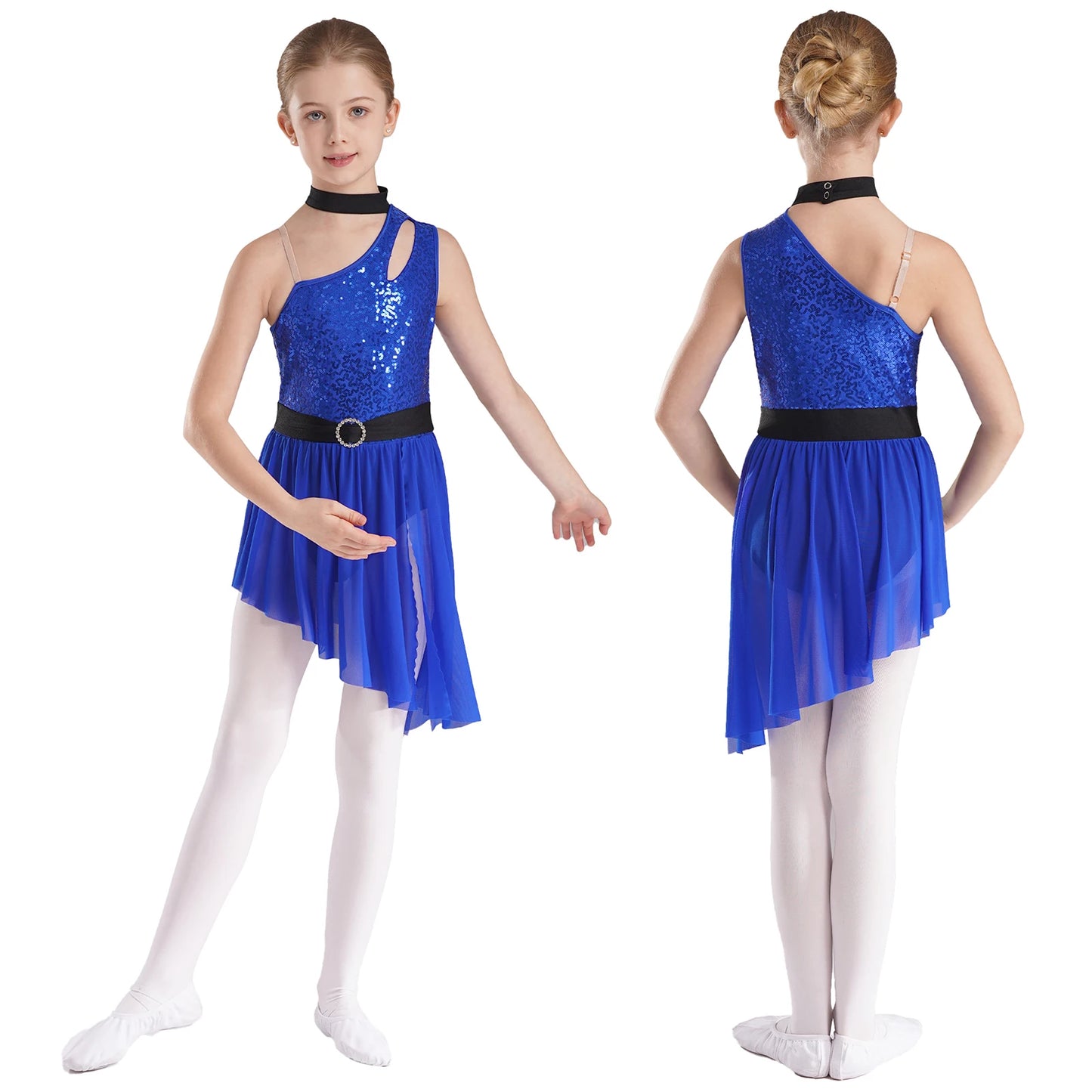 Kids Girls Lyrical Dance Costume Cutout One Shoulder Ballet Asymmetrical Tulle Dress Leotard Modern Contemporary Dancewear