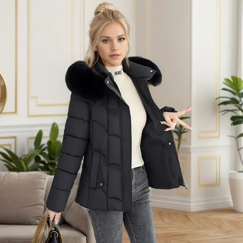 Winter 2024 Neue Daunenjacke Frauen Parkas Mode Hochwertige Warme Baumwolle Gefütterte Mantel Damen Kurzen Mantel Mit Kapuze Overwear Tops