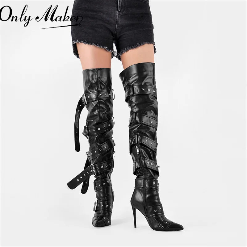 Only maker Frauen Schnalle Riemen über dem Knie Stiefel dünne High Heel Lady Reiß verschluss weibliche Oberschenkel hohe spitze Zehen Stiletto Stiefel