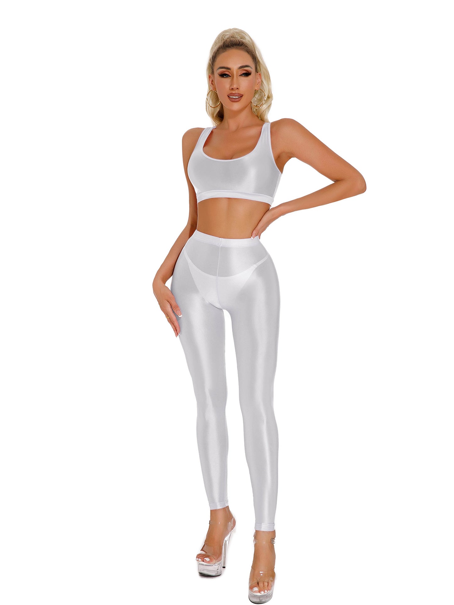 Damen glänzendes Öl ärmelloses U-Ausschnitt Racer back Crop Top mit Leggings für Tanz Yoga Sport Gym Fitness Übung Active wear