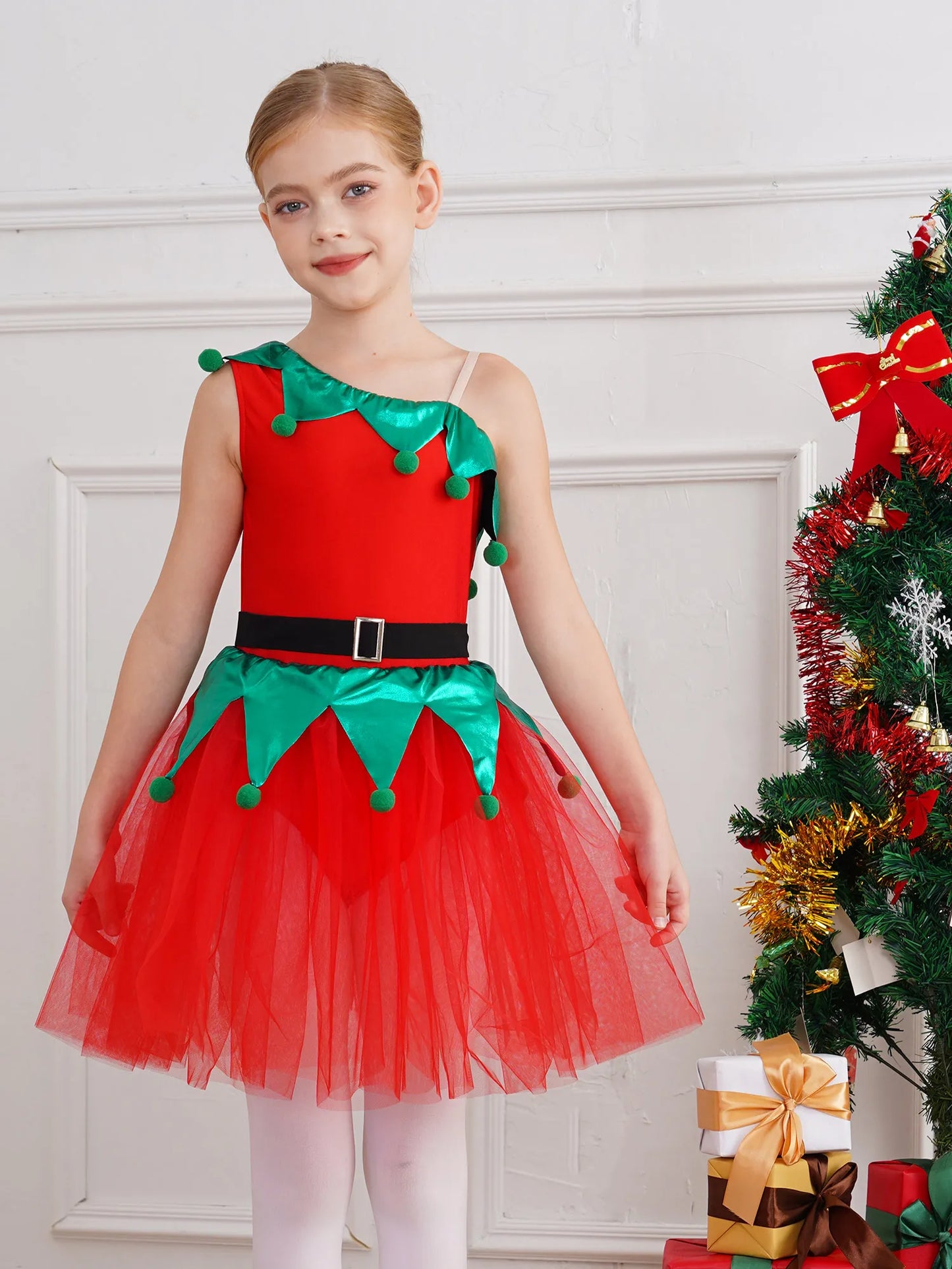 Kinder Mädchen eine Schulter Weihnachten Tanz Tutu Kleid Trikot Weihnachten Urlaub Party Santas Helfer Festivals Performance Kostüm