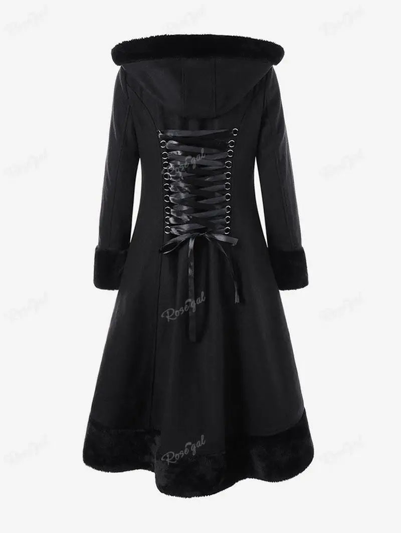 ROSEGAL Neue Schwarz Gothic Tops Outwear Mäntel Lace Up Zurück Pelz Panel Tasten Mit Kapuze Lange Ärmel Mantel Frauen Herbst Winter Jacke