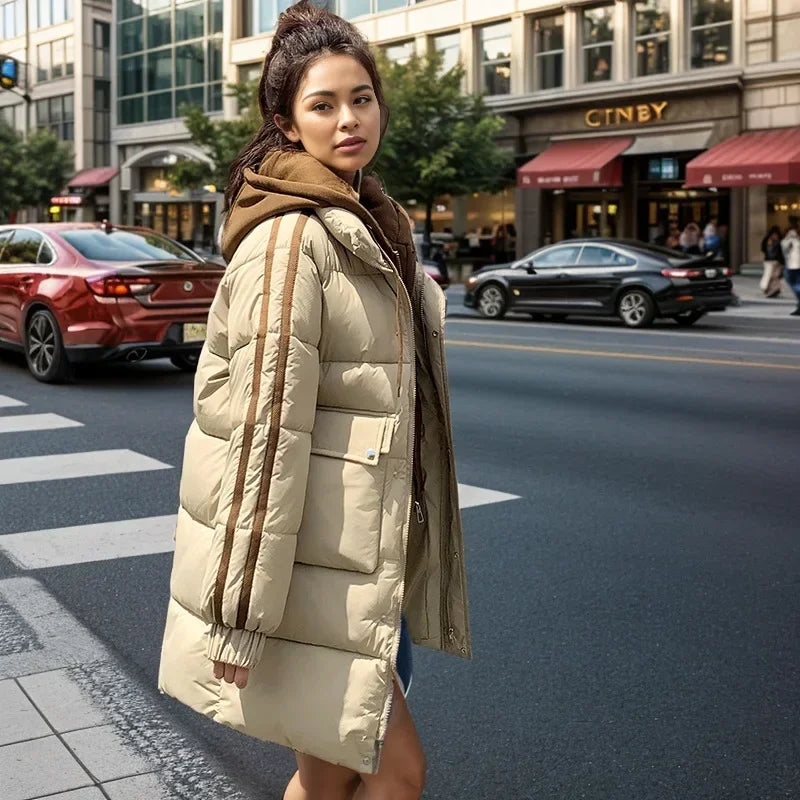 2024 Winter Women's Padded Jacket New Contrast Medium Long Fake Two Piece Down Cotton Jacket Female Hooded Casual Parkas Coats