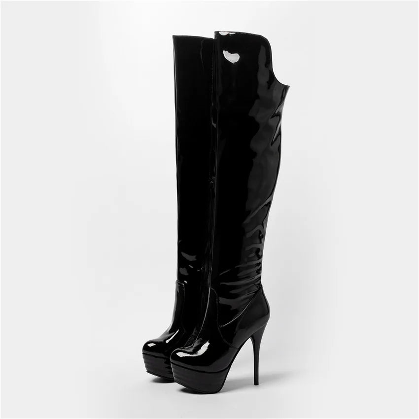 Sexy Frauen Oberschenkel hohe Plattform Stiefel schwarz rot Lack leder dünne Absätze runde Zehen Party Club Fetisch Dame Reiß verschluss über Knie Stiefel