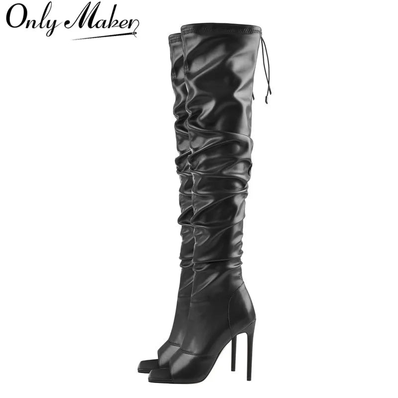 Only maker Frauen Peep Toe schwarz matt über dem Knie Stiefel prägnante Mode Stiletto High Heel Reiß verschluss Stiefel