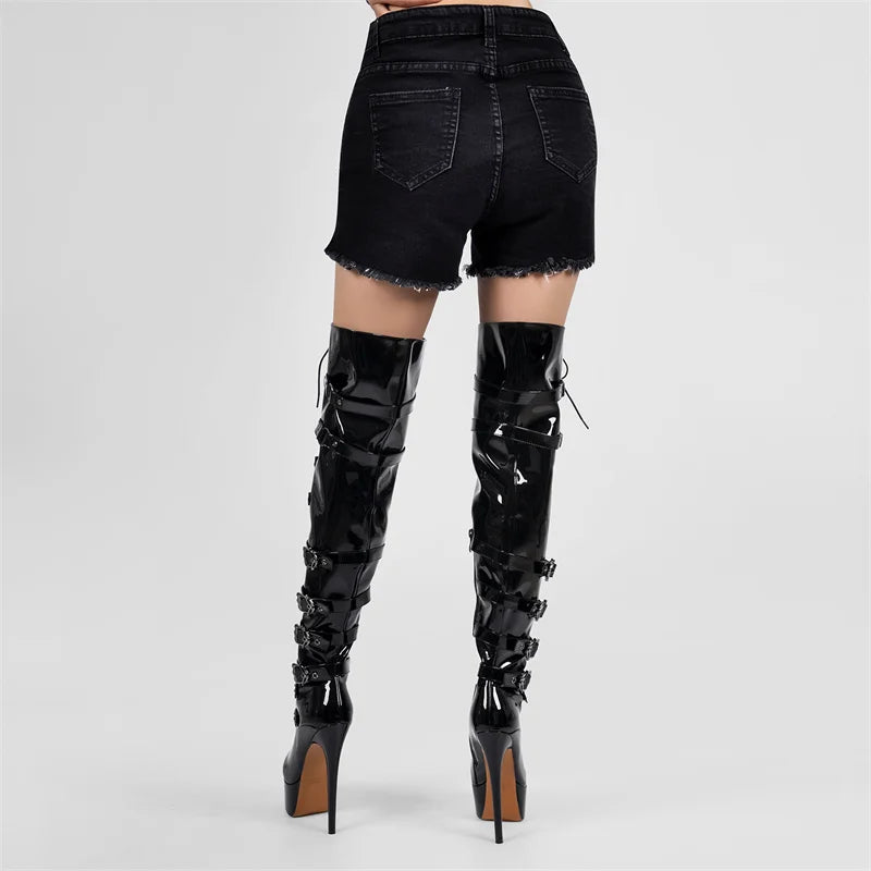 Only maker Frauen Plattform Stiletto rot über dem Knie hohe Stiefel Seite Reiß verschluss Lack leder Mode sexy Winter weibliche Stiefel