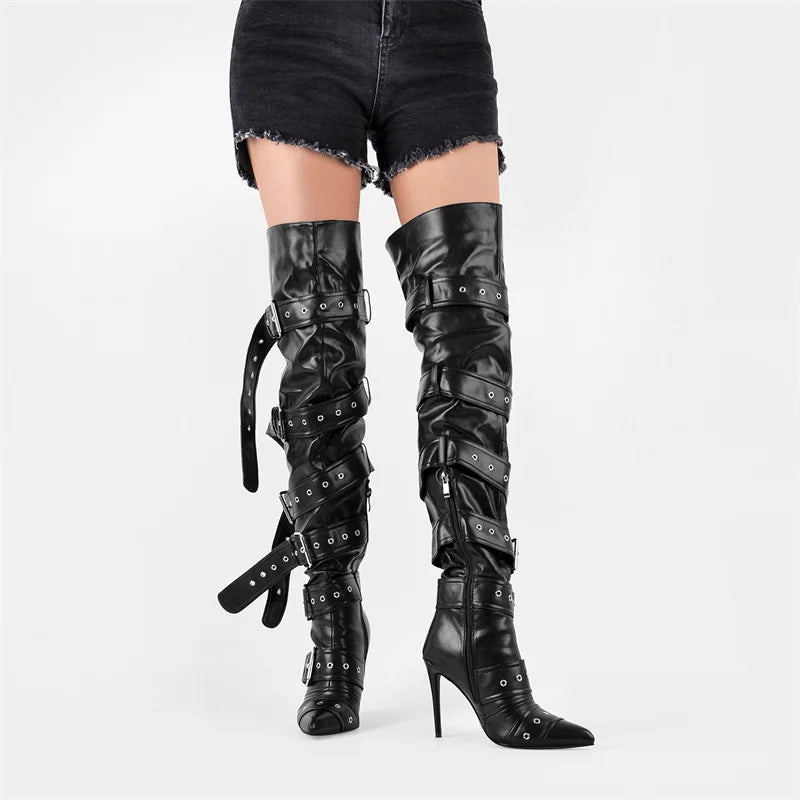 Only maker Frauen Schnalle Riemen über dem Knie Stiefel dünne High Heel Lady Reiß verschluss weibliche Oberschenkel hohe spitze Zehen Stiletto Stiefel