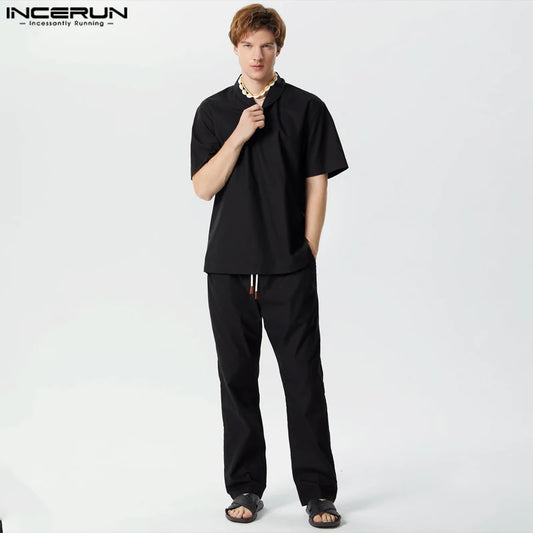 INCERUN Men's Sets Solid Cotton Lapel Short Sleeve Shirt & Pants Two Pieces Sets Streetwear 2023 Loose Fashion Men Casual Suits