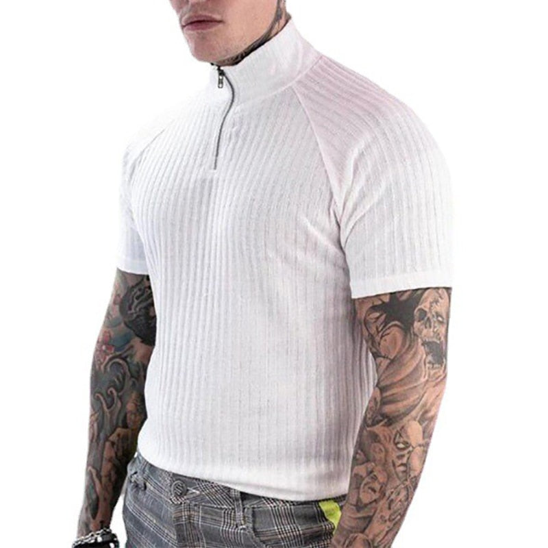 2023 Fashion Stand Collar Short Sleeve Knitted Polo Shirt Men Summer Sports Slim Polos Bodybuilding Fitness Workout Gym Clothing