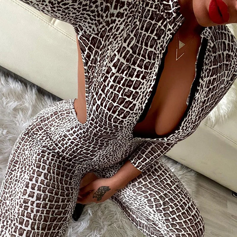 Oshoplive 2023 New Women Fashion Sexy Snakeskin Printed Backless Zipper Jumpsuits Spring Autumn Long Sleeves Bodysuits Clubwear