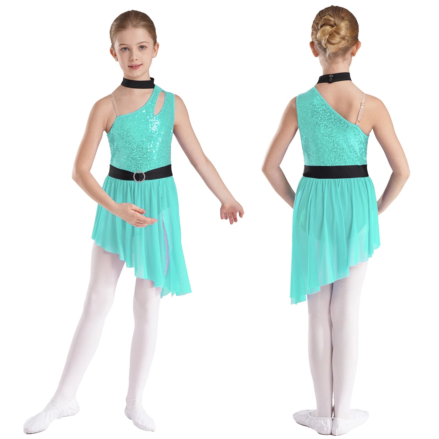 Kids Girls Lyrical Dance Costume Cutout One Shoulder Ballet Asymmetrical Tulle Dress Leotard Modern Contemporary Dancewear