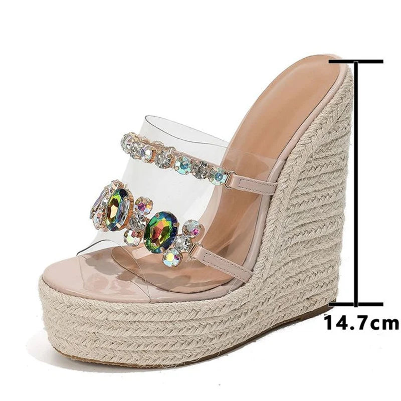 Liyke PVC transparente Schuhe für Frauen 14,7 cm Keile Hausschuhe Mode Kristall kette Sandalen weibliche offene Zehen Plattform High Heels