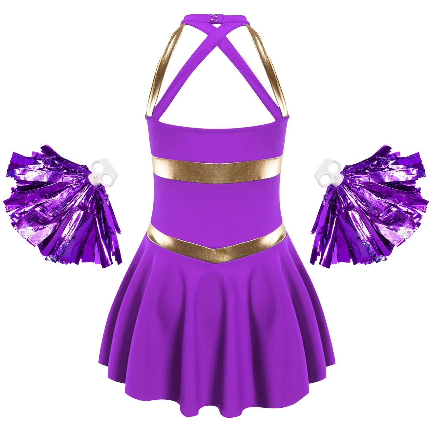 Kids Girls Cheering Team Costumes Sleeveless Letters Printed Cheerleading Uniform Sports Dance Dress +1 Pair Tassel Flower Balls