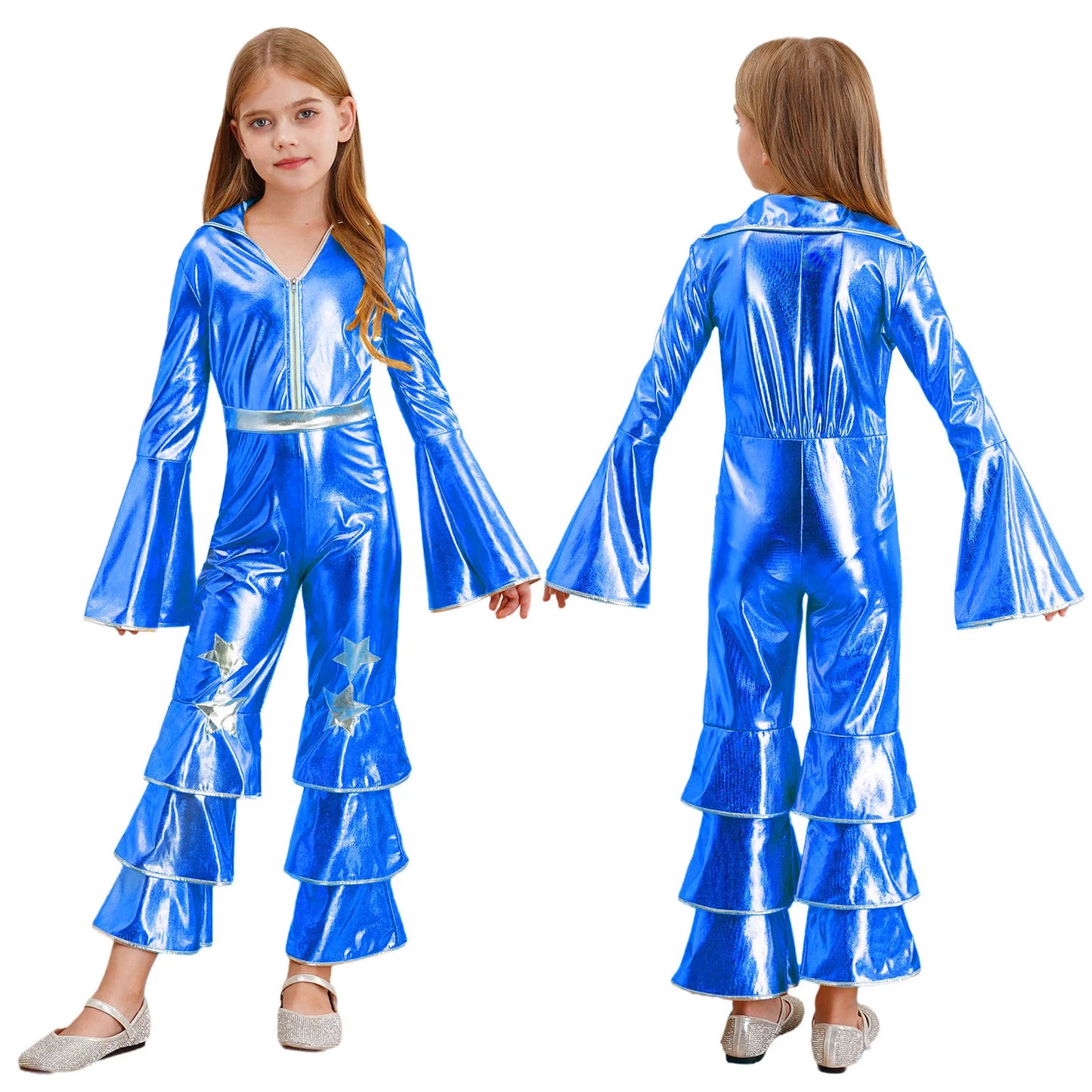 Kids Girls 70s 80s Disco Costume Metallic Flare Sleeve Ruffle Bell Bottom Jumpsuit Halloween Cosplay Funky Dancing Bodysuit