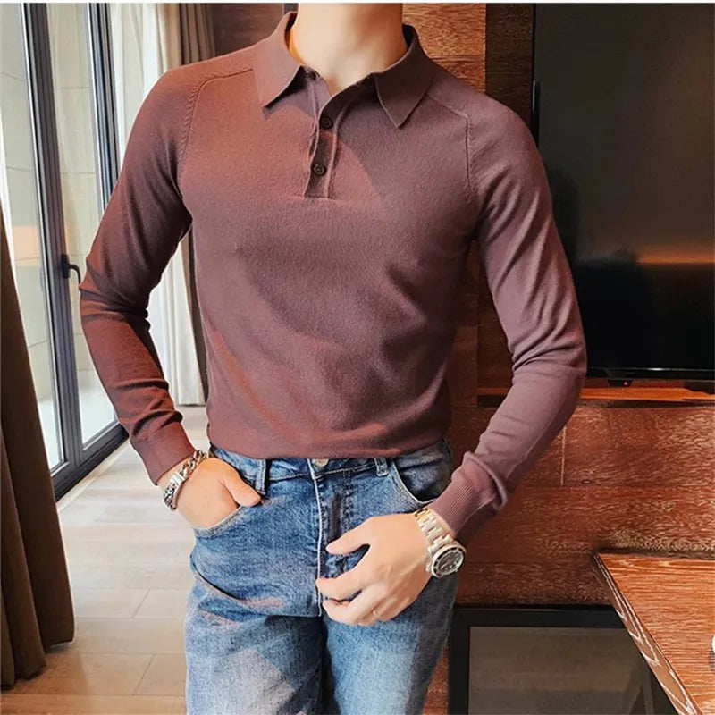 Herbst Winter männer Gestrickte Polo-Shirt Schlank Lange Ärmeln Solide Stricken Tops Tees Drehen Unten Kragen Business Casual Polo-Shirt männer