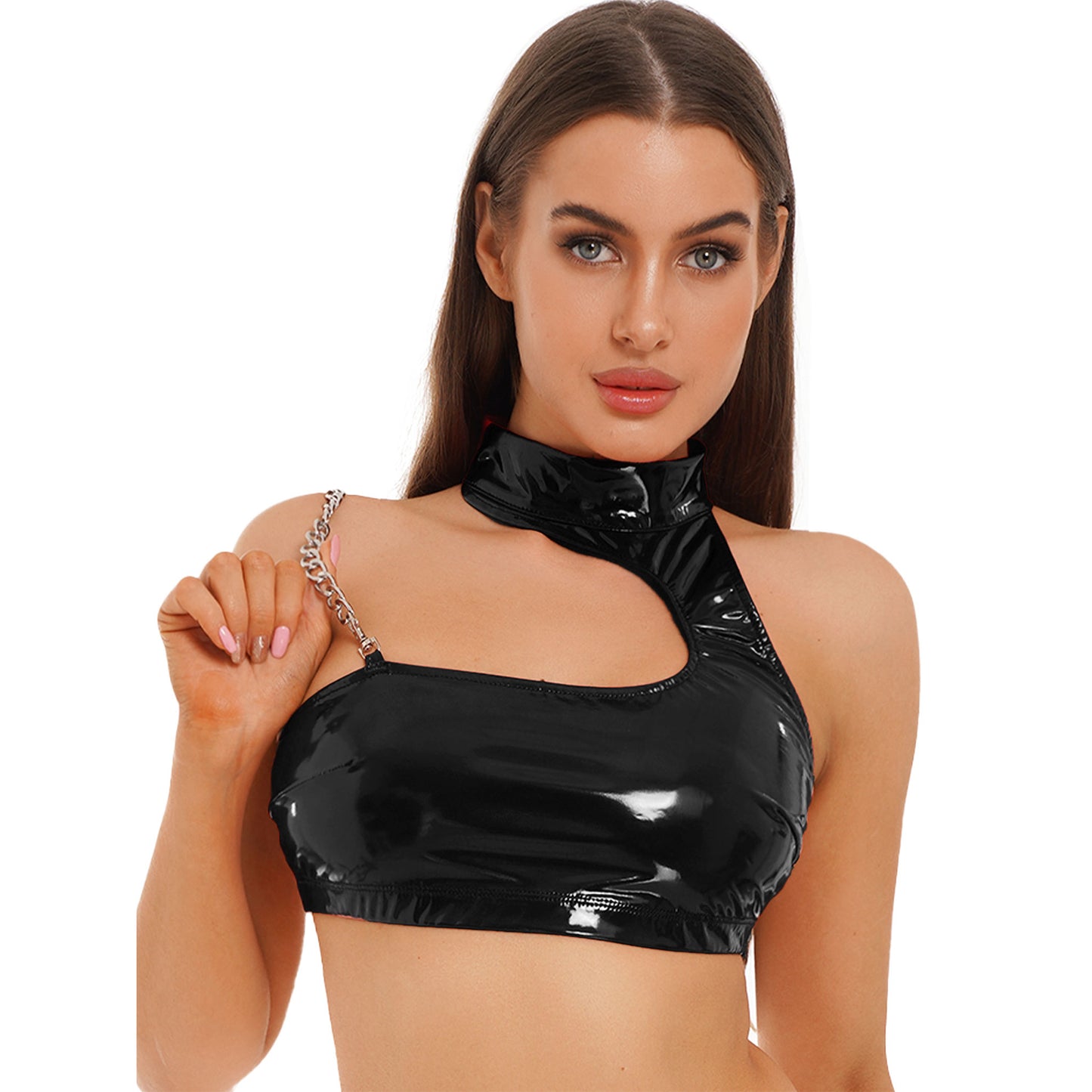 Frauen Mode Asymmetrische Schulter Halter Crop Top Metall Kette Riemen Weste Wet Look Patent Leder Backless Dessous Leibchen