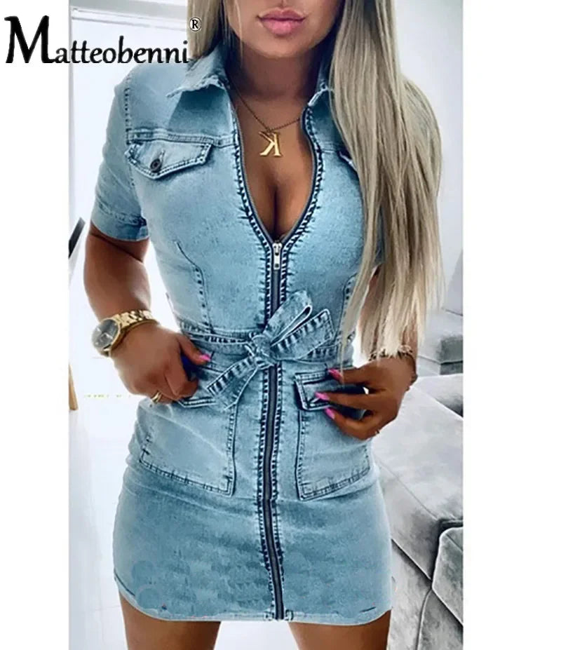 Reißverschluss kurzarm Mini Jean Kleid