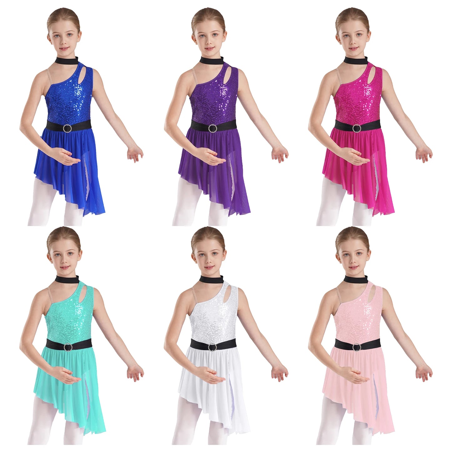 Kids Girls Lyrical Dance Costume Cutout One Shoulder Ballet Asymmetrical Tulle Dress Leotard Modern Contemporary Dancewear