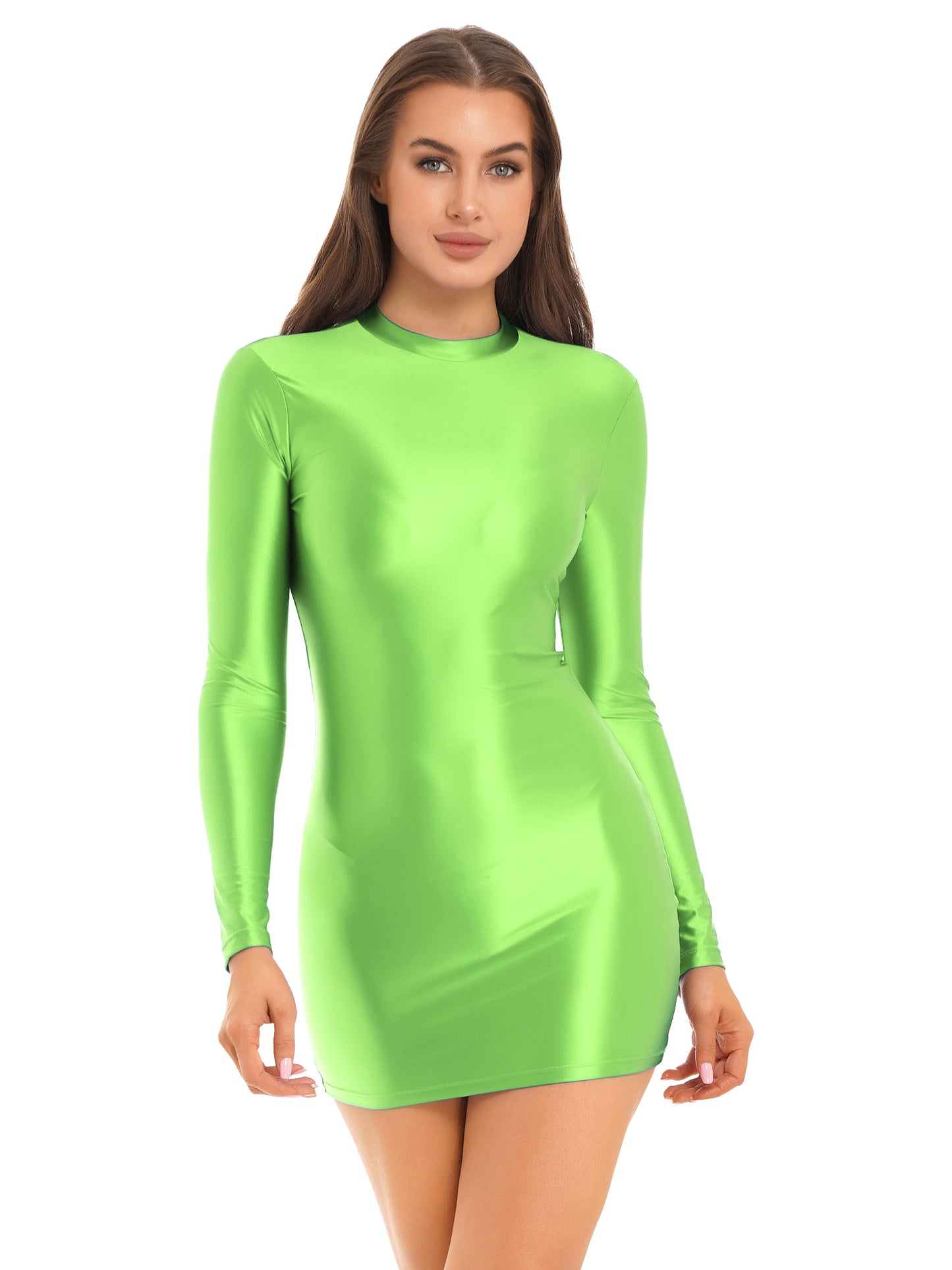 Frauen Sexy Bodycon Kleider Öl Glänzenden Glänzend Langarm Slim Fit Mini Bleistift Kleid Nachtclub Bar Rave Party Babes Clubwear