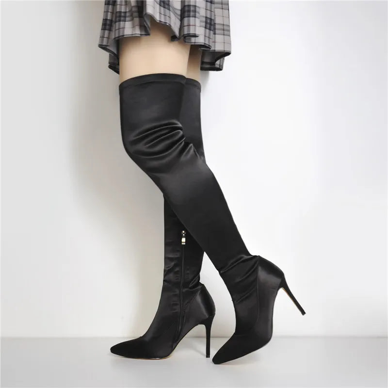 Onlymaker Über Die Knie Frauen Spitz Seite Zipper Patent Leder Dünne High Heels Concise Sexy Party Herbst Winter Stiefel