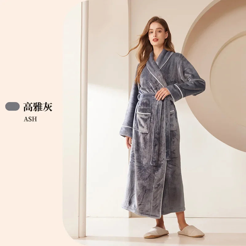 Frauen Große Größe 3Xl Kimono mit Tasche Herbst Winter Neue Bademantel Kleid Lose Homewear Lose Nachtwäsche Verdicken Flanell Loungewear